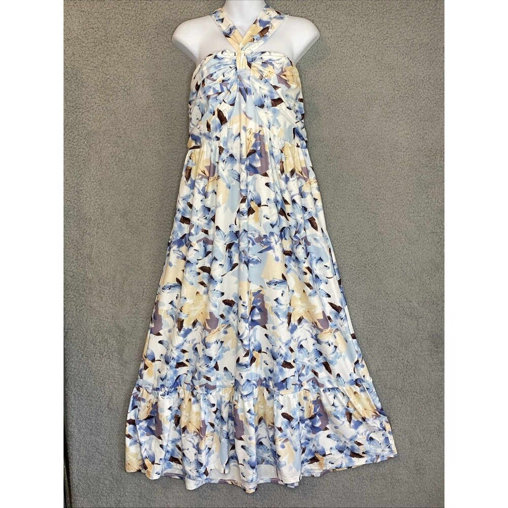Grace Karin XL Maxi Cross Halter White Blue Floral Dress Stretch Wedding Beach
